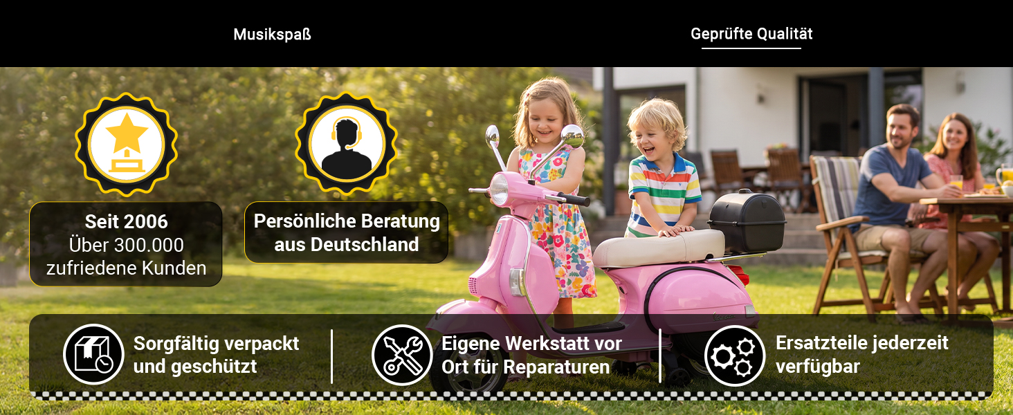 Kinder Elektro-Vespa – Geprüfte Qualität & Kundenservice Zwei fröhliche Kinder mit rosa Elektro-Vespa im Garten. Actionbikes bietet persönliche Beratung aus Deutschland, eigene Werkstatt und Ersatzteilservice.